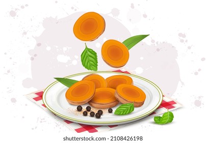 Turmeric round slices vector illustration with mint leaves and black pepper seeds