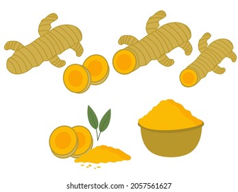 Turmeric Slices With Root And Powder.Curcuma Plant.Herb And Food.Spicy Food And Curry.Cartoon Vector Illustration.Flat Design.Sign, Symbol, Icon Or Logo Isolated.Clip Art.