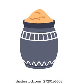 Especiarias cúrcuma em frasco de cerâmica. Ingrediente de pó moído em vaso aberto. Armazenamento de tempero aromático. Condimento seco, sabor natural para cozinhar. Ilustração de vetor plano isolada no plano de fundo branco