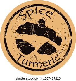 Turmeric spice view icon vector round shabby emblem design, old retro style Curcuma spicy ingredient logo mail stamp on craft paper. Cooking ingredient vintage grunge sign.