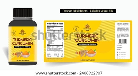 Turmeric supplement capsule label design jar packaging design, turmeric curcumin dietary health product label design yellow black color label premium quality editable vector illustration template file
