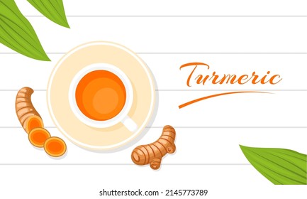 Turmeric Tea Or Curcuma Longa Linn In Cup And Curcumin Rhizome With Leaves On White Table. Vector Illustration.