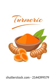 Turmeric Or Tumeric Powder ( Curcumin, Curcuma Longa Linn ) In Wooden Bowl And Kurkuma Rhizome With Leaf Isolated On White Background.