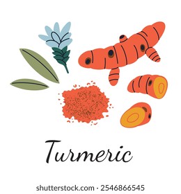 Turmeric vector illustration in flat cartoon style. Turmeric root, powder, leaves, and flower. Perfect for spices, herbs, cooking, and botanical themes. Vibrant yellow and aromatic details