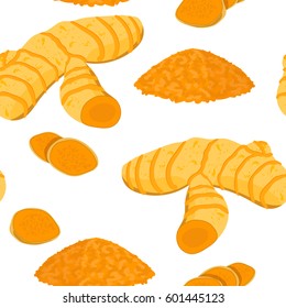 Turmeric vector seamless pattern. Root with powder isolated on white background. Spice symbol. For food design, restaurant, store, market, health care products. Can be used as logo, price tag, label