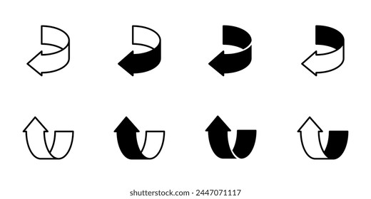 Turn arrow corner icon vector. Direction symbol. Curved navigation arrow. Back, backward, upward, under, above, left, right circular sign. Return pointer. Motion illustration isolated.