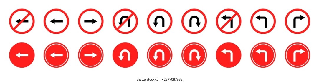 Turn arrow icons. U-turn, no u-turn. Road sign arrows vector set. Road navigation arrows. Way direction arrow sign