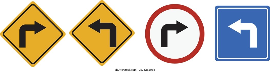 Turn Arrow Road Sign Set — Right Turn, Left Turn and Directional Traffic Icons, Isolated Vector Illustration
