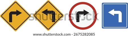 Turn arrow traffic signs. Set of road icons for right turn, left turn, and directional guidance. Warning and regulatory symbols, transportation safety, street navigation. Vector isolated illustration.