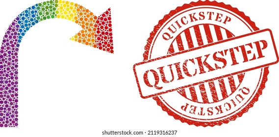 Turn back arrow composition icon of round dots in various sizes and spectrum bright color tinges. Red round textured stamp with Quickstep message. A dotted LGBT- colored turn back arrow for lesbians,