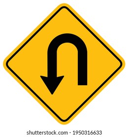 Turn back road sign in black on yellow background. warning or caution sign. 