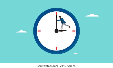 ilustración del concepto de retroceso de tiempo, tratando de recuperar el tiempo, extensión de tiempo para completar el trabajo, hombre de negocios trata de retroceder el reloj para rebobinar la ilustración vectorial del concepto de tiempo