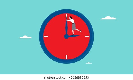 turn back time concept illustration, trying to get time back, extension of time to complete the work, businesswoman tries to turn back the clock to rewind time concept vector illustration