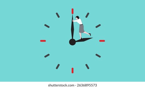 turn back time to fix mistake or completing the task, trying to get time back, extension of time to complete the work, business woman tries to turn back the clock to rewind time concept illustration