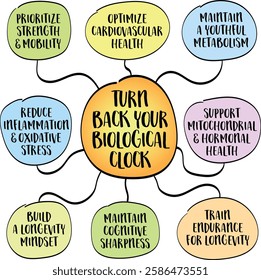 Turn back your biological clock, lifestyle choices that optimize cellular health, hormonal balance, and overall wellbeing. Infographics sketch.