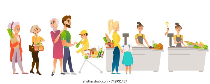 turn to the cashier at the supermarket. Cashier and products. Family in the supermarket. A child is sitting in a cart. Payment by card. Flat illustration.woman with a basket for products