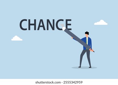 Turn change into chance, clever businessman employing an eraser to transform letters from change into chance. 