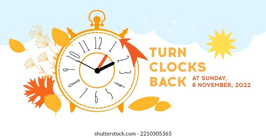 Turn clocks back one hour, Daylight Saving Time Ends concept banner. Fall Back time. Vintage clocks with arrow hand turning back an hour. Backward time reminder with fall decoration. Vector
