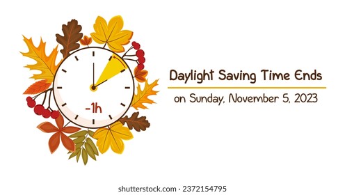 Turn clocks back one hour, Daylight Saving Time Ends web reminder banner. Fall Back time. Picture of clocks with arrow hand turning back an hour.