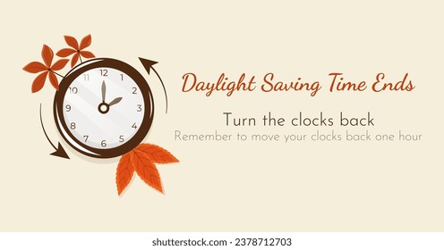 Turn clocks back one hour, Daylight Saving Time Ends web reminder banner. Fall Back time. Picture of clocks with arrow hand turning back an hour. Minimalist web banner.