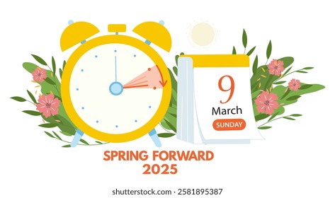 Turn clocks one hour ahead, Daylight Saving Time Info Banner. Spring Forward concept with clock and moves arrow 1 hour forward with calendar date 9 march, 2025. Vector illustration concept