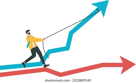 Turn cost dial to low position,businessman pulling performance graph rising up with full effort,growth , improvement,financial interest rate vector illustrator.

