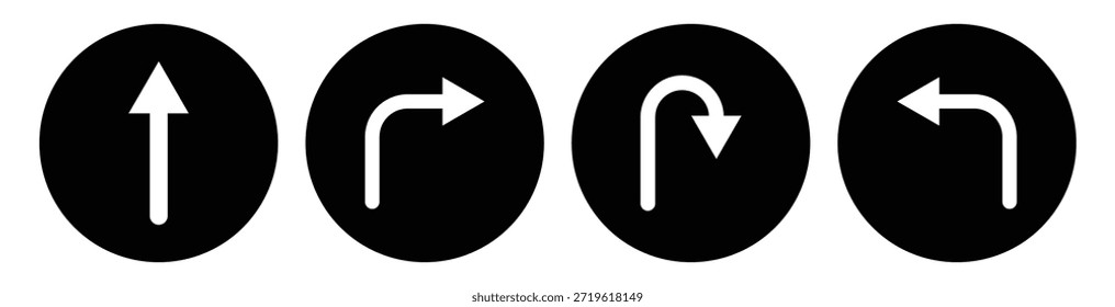 Ícones de seta de virada e direção definidos em uma direção, Símbolos de virada para a esquerda e para a direita com Ilustração de vetor de sombra longa.