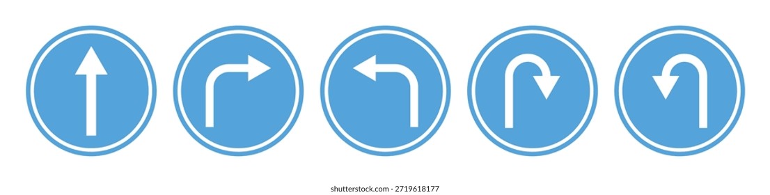 Ícones de seta de virada e direção definidos em uma direção, Símbolos de virada para a esquerda e para a direita com Ilustração de vetor de sombra longa.