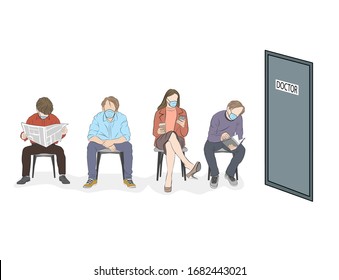 turn to the doctor. masked people are waiting in line for the doctor. coronovirus infection. vector illustration.