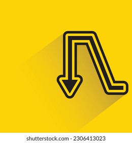 turn down arrow symbol with shadow on yellow background