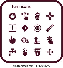 turn icon set. 16 filled turn icons.  Simple modern icons such as: Redo, Tap, Direction, Crossroad, Bottom, Sync, Electric, Steering wheel, Split point, Measuring glass, Directions