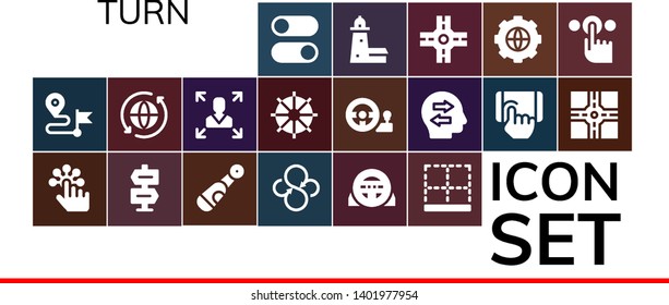 turn icon set. 19 filled turn icons.  Collection Of - Switches, Direction, Tap, Electric, Sync, Steering wheel, Bottom, Decision making, Confused, Crossroad, Split point, Options