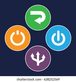 Turn icons set. set of 4 turn filled icons such as switch off, back arrow