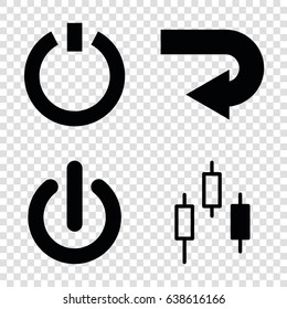 Turn icons set. set of 4 turn filled icons such as switch off, back arrow