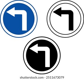 Turn Left Ahead Signs. Blue Round Road Signs. Black and White Vector Icons