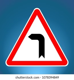 Turn left ahead vector traffic sign. Isolated on blue background