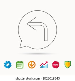 Turn left arrow icon. Previous sign. Back direction symbol. Calendar, Graph chart and Cogwheel signs. Download and Shield web icons. Vector