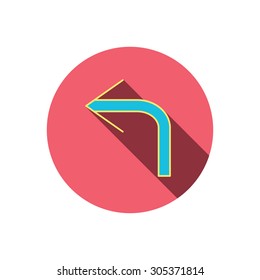 Turn left arrow icon. Previous sign. Back direction symbol. Red flat circle button. Linear icon with shadow. Vector