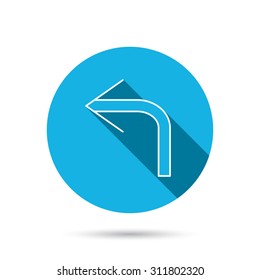 Turn left arrow icon. Previous sign. Back direction symbol. Blue flat circle button with shadow. Vector