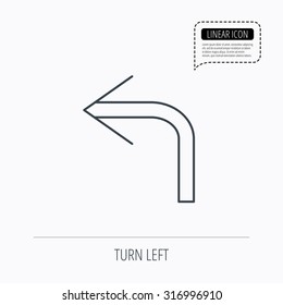 Turn left arrow icon. Previous sign. Back direction symbol. Linear outline icon. Speech bubble of dotted line. Vector