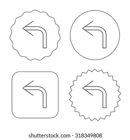 Turn left arrow icon. Previous sign. Back direction symbol. Flat circle, star and emblem buttons. Labels design. Vector