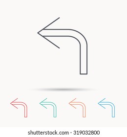 Turn left arrow icon. Previous sign. Back direction symbol. Linear icons on white background. Vector