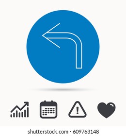 Turn left arrow icon. Previous sign. Back direction symbol. Calendar, attention sign and growth chart. Button with web icon. Vector