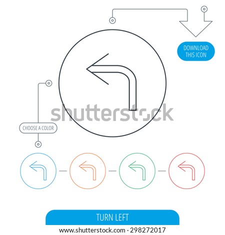 Turn left arrow icon. Previous sign. Back direction symbol. Line circle buttons. Download arrow symbol. Vector