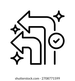 Gire a la izquierda Icono de línea de flecha, Símbolo de contorno para la dirección de navegación, Guía de ruta, Giro de la calle, Mapa de instrucciones, y el movimiento de conducción. Icono de signo de Vector.