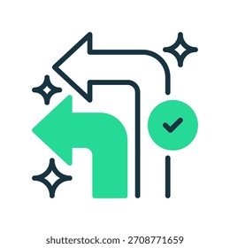 Gire a la izquierda Icono de línea de flecha, Símbolo de contorno para la dirección de navegación, Guía de ruta, Giro de la calle, Mapa de instrucciones, y el movimiento de conducción. Icono de signo de Vector.