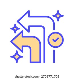 Gire a la izquierda Icono de línea de flecha, Símbolo de contorno para la dirección de navegación, Guía de ruta, Giro de la calle, Mapa de instrucciones, y el movimiento de conducción. Icono de signo de Vector.