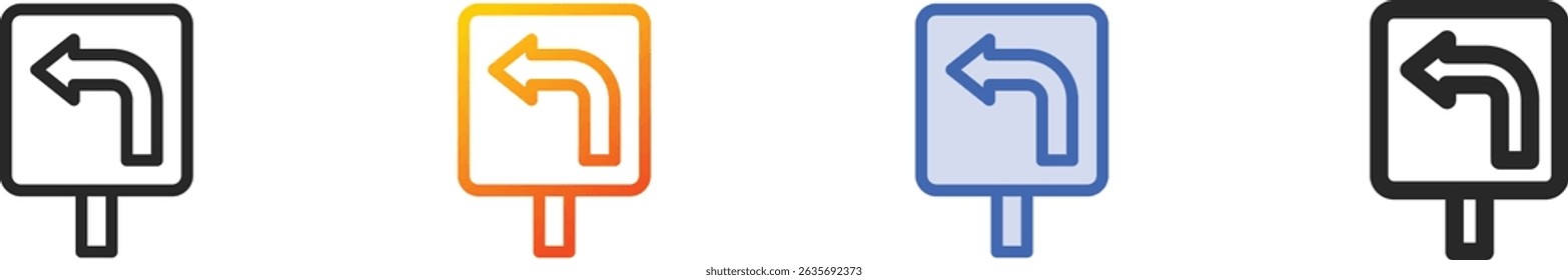 Symbol links abbiegen.Dünne Linie, Farbverlauf, blauer Strich und fettgedrucktes Design einzeln auf weißem Hintergrund