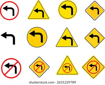 Turn Left and no turn left sign set. driving navigation icon. traffic direction and Road safety. warning road sign

