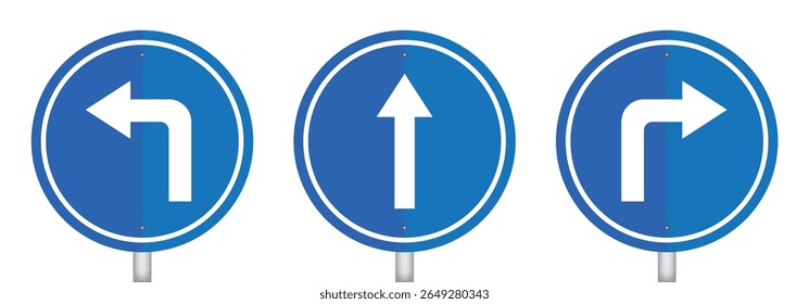 Turn Left, Turn Right, Go Straight Traffic Sign Direction Icon Set.